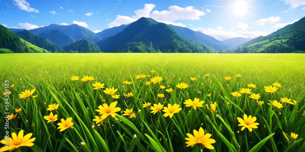 Spring landscape, blossoming field with green grass, yellow flowers, blue sky with sun and clouds, mountains and forest. Nature illustration. Generative AI