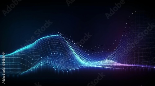 Digital abstract background illustration wallpaper for technology, artificial intelligent, AI, simulation, data flow, big data with waves dots and glows (ai generated)