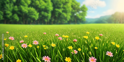 Spring landscape, blossoming field with green grass, pink and yellow flowers, forest, blue sky with clouds. Nature illustration. Generative AI