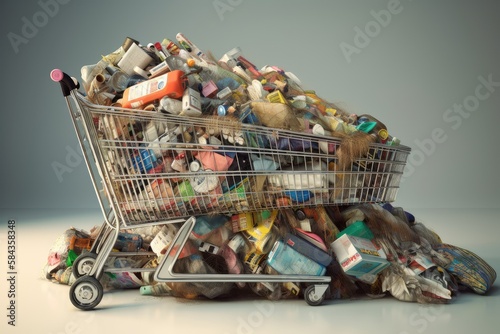 A supermarket trolley full of rubbish can be a powerful symbol of overconsumption in today's society. Generative AI photo