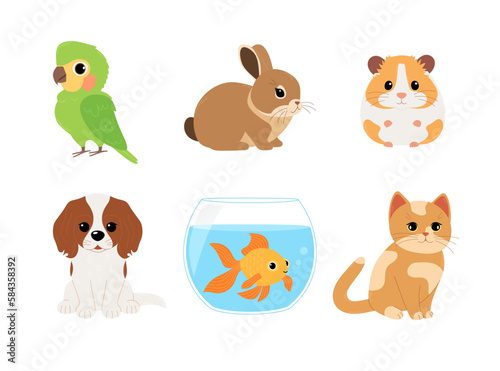 Set of home pets: parrot, rabbit, hamster, dog, fish and cat. Cute domestic animals. Vector flat illustration isolated on white background