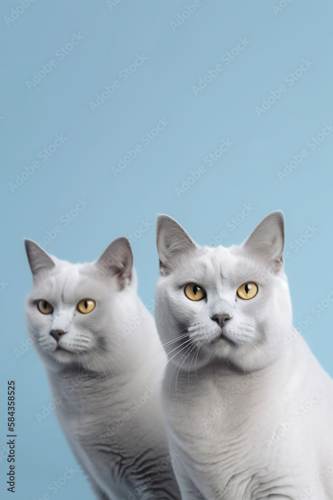 Cute duo of british short hair cat sitting and looking towards camera isolated cutout on blue background. Generative AI Cute duo of british short hair cat sitting and looking towards camera isolated cutout on blue background. Generative AI