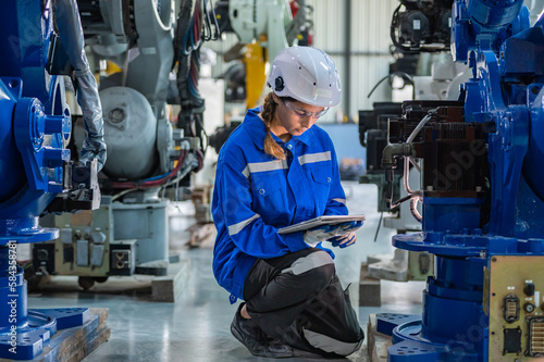 woman technician engineer worker check heavy machine construction installation in industrial factory. technician worker check for repair maintenance electronic manufacture factory plant industry	