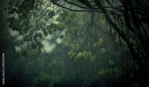  a painting of a tree in the rain with leaves on it. generative ai