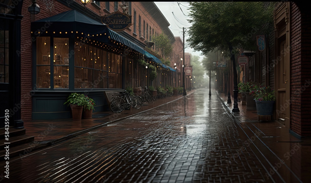  a rainy street with a person walking down the sidewalk in the rain.  generative ai