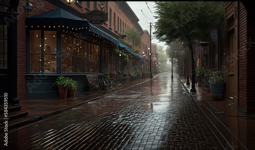  a rainy street with a person walking down the sidewalk in the rain. generative ai