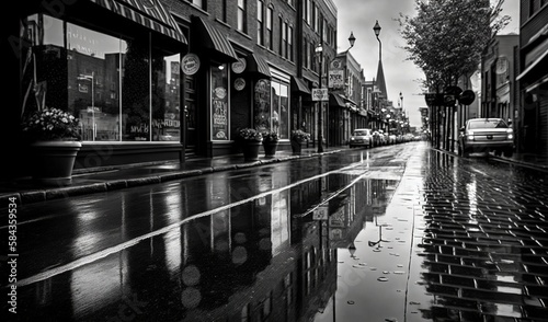  a black and white photo of a city street with rain.  generative ai