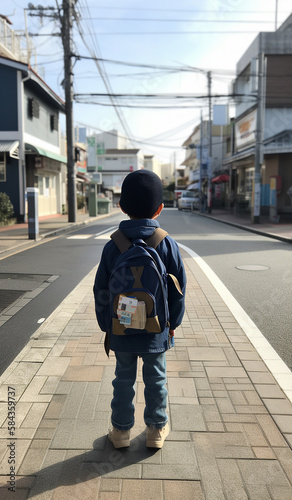 Children with backpack walking alone in the city, kid go back from school with generative ai technology