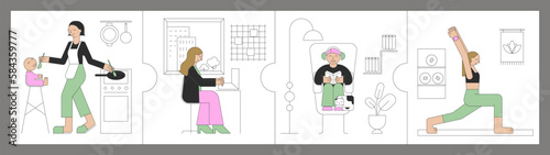 A set of characters modern women. Concept of different roles of woman, lifestyle, motherhood, work, education, and sport in flat minimal design style