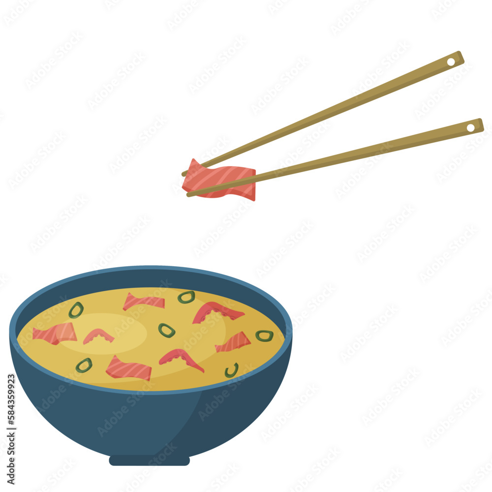 Asian soup with salmon and octopus. Illustration of tom yam with chopsticks Asian soup with salmon and octopus. Illustration of tom yam with chopsticks