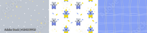 Childish seamless pattern with cute grey bears, strips, stars on whire and blue background in vector. Background for surface design, wallpaper, paper, textile