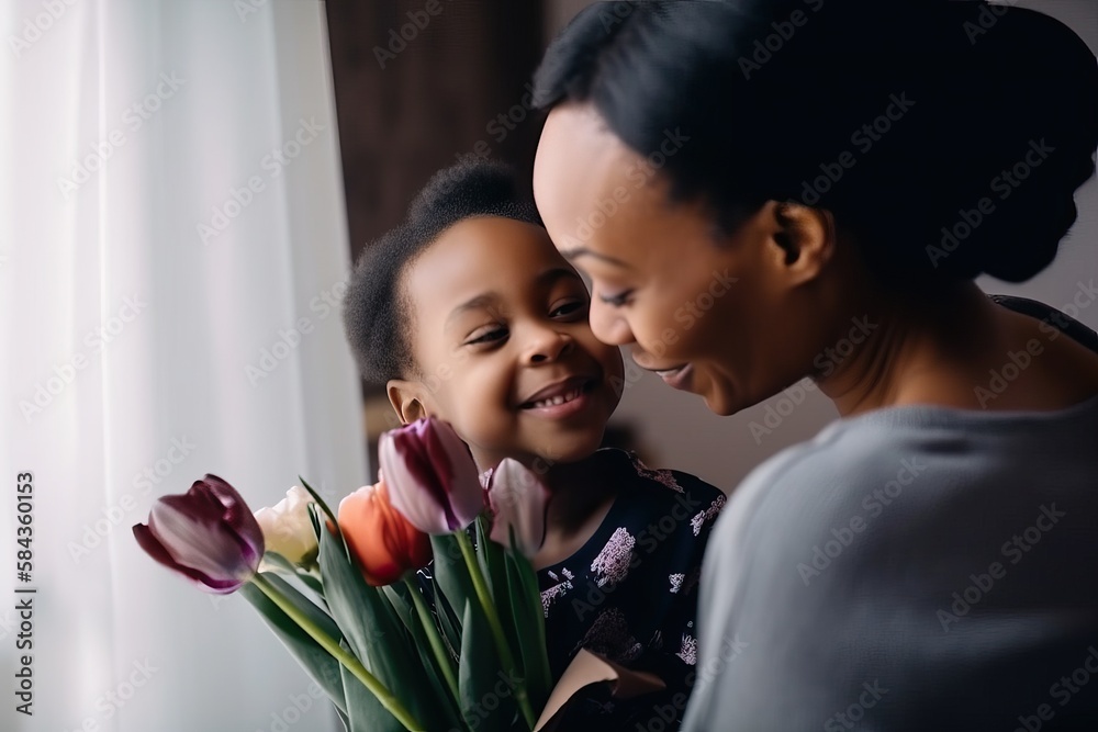 Happy mother's Day. African American child daughter congratulates her mother and gives her flowers and tulips. Mother and girl smile and hug. Family holiday and unity Happy mother's Day. African American child daughter congratulates her mother and gives her flowers and tulips. Mother and girl smile and hug. Family holiday and unity