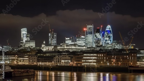 London Skyline at night with brightly lit tower blocks © MD Media