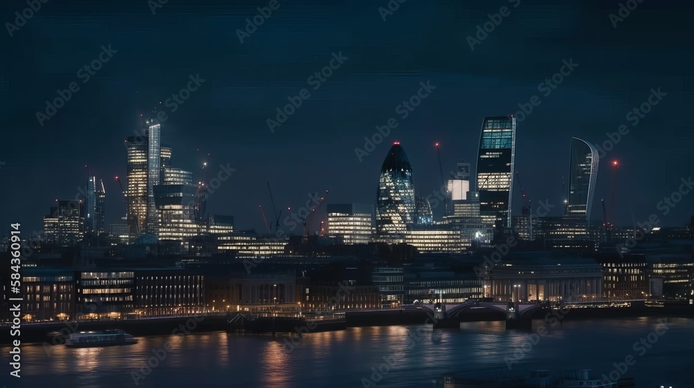 London Skyline at night with brightly lit tower blocks