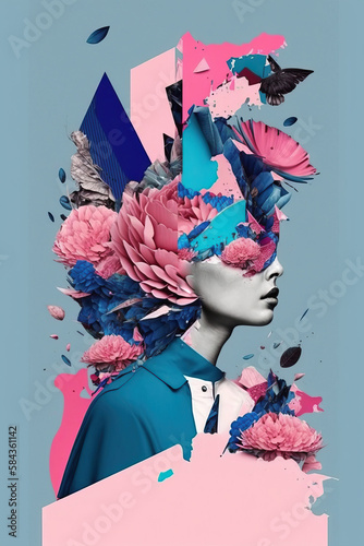 Generative AI illustration abstract contemporary art paper collage of female profile with many different flowers on blue and pink background photo