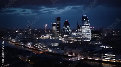 London Skyline at night with brightly lit tower blocks