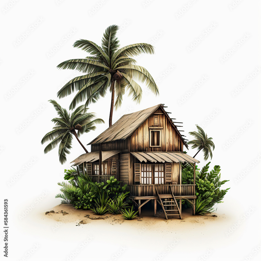 ai generated illustration of wooden malay tropical house with palm tree