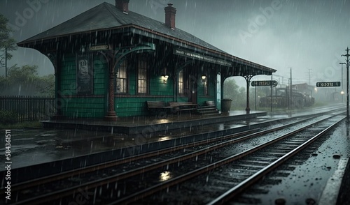 a train station with a train on the tracks in the rain.  generative ai