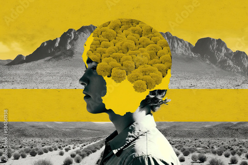 Generative AI illustration abstract contemporary art paper collage double exposure of woman and many soft elements instead of brain against desert and mountains photo