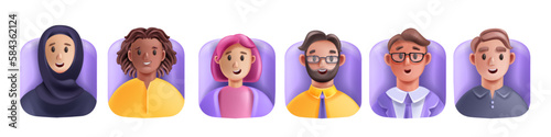 3D profile people avatar icon, vector men woman happy face set young male female cartoon character. Office diverse colleague team smiling freelance workers portrait. 3D people cheerful expression head