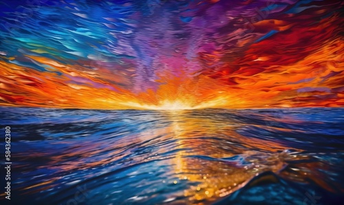  a painting of a sunset over a body of water with a bright orange and blue sky. generative ai