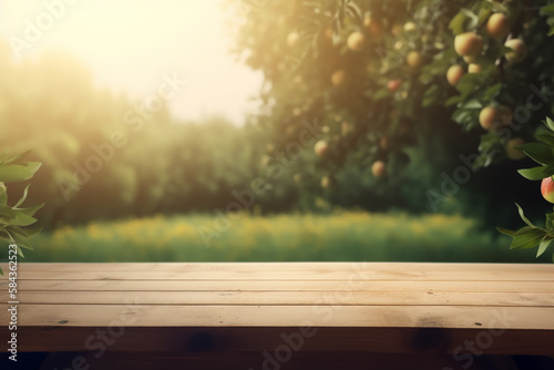 Wooden table for product display in apple garden, generative AI