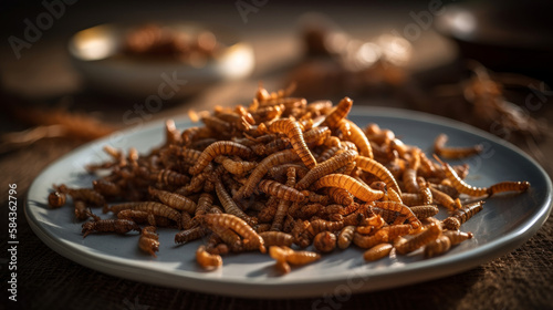 eat some bugs. a bowl of flour with mealworm larvae as food. Tenebrio molitor mealworms in freeze-dried form are used as snacks. cooked worms. burned mealworms. idea for a snack - Generative AI