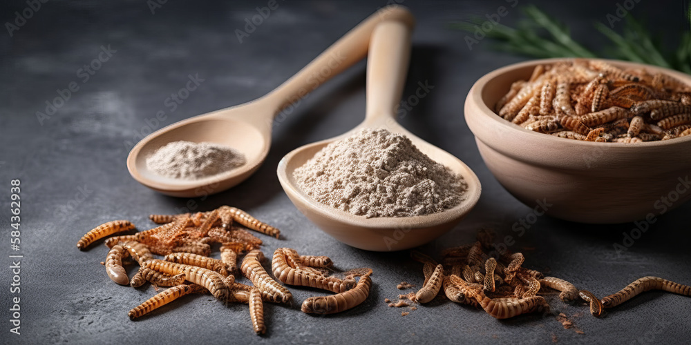 On a grey granite table, edible mealworms and flour are placed in