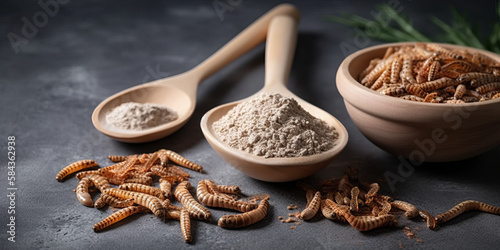 On a grey granite table, edible mealworms and flour are placed in wooden spoons. Tenebrio molitor meal worms or larvae as a source of protein in culinary goods - Generative AI