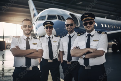 The team of pilots and flight attendants stand with the airplane in the background, responsible for ensuring a safe and comfortable flight. Generative AI photo