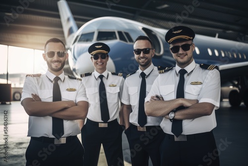The team of pilots and flight attendants stand with the airplane in the background, responsible for ensuring a safe and comfortable flight. Generative AI
