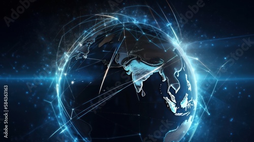 Communication technology global world network concept. Connection lines Around Earth Globe, Motion of digital data flow. Futuristic Technology Theme Background with Light Effect (ai generated) 