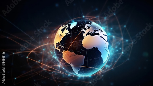 Communication technology global world network concept. Connection lines Around Earth Globe, Motion of digital data flow. Futuristic Technology Theme Background with Light Effect (ai generated) 
