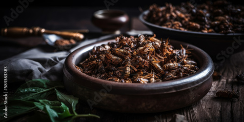 On a dish, fried tasty insects. As a snack, crickets are a wonderful source of protein. Concept of entophagy and insectivory. Novel food. - Generative AI © Bartek
