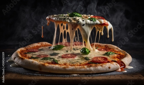  a pizza with cheese, tomatoes, basil, and sauce being drizzled over it. generative ai