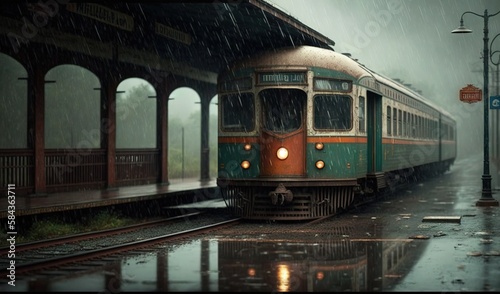  a green and orange train traveling down train tracks in the rain.  generative ai