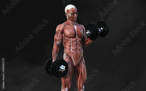 3d Illustration of a muscular man figures pose with skin and muscle map on dark background with clipping path, Concept of bodybuilder pose.