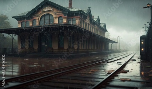  a train station in the rain with a train on the tracks.  generative ai