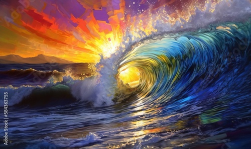  a painting of a wave crashing into the shore at sunset. generative ai