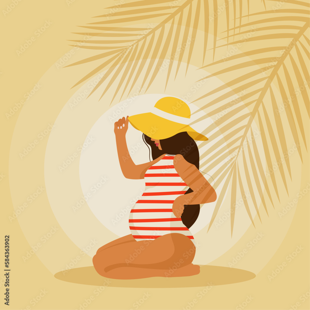 Banner with pregnant woman in a summer swimsuit, future mom hugging belly with arms. Flat vector illustration. Happy Mother's Day.
