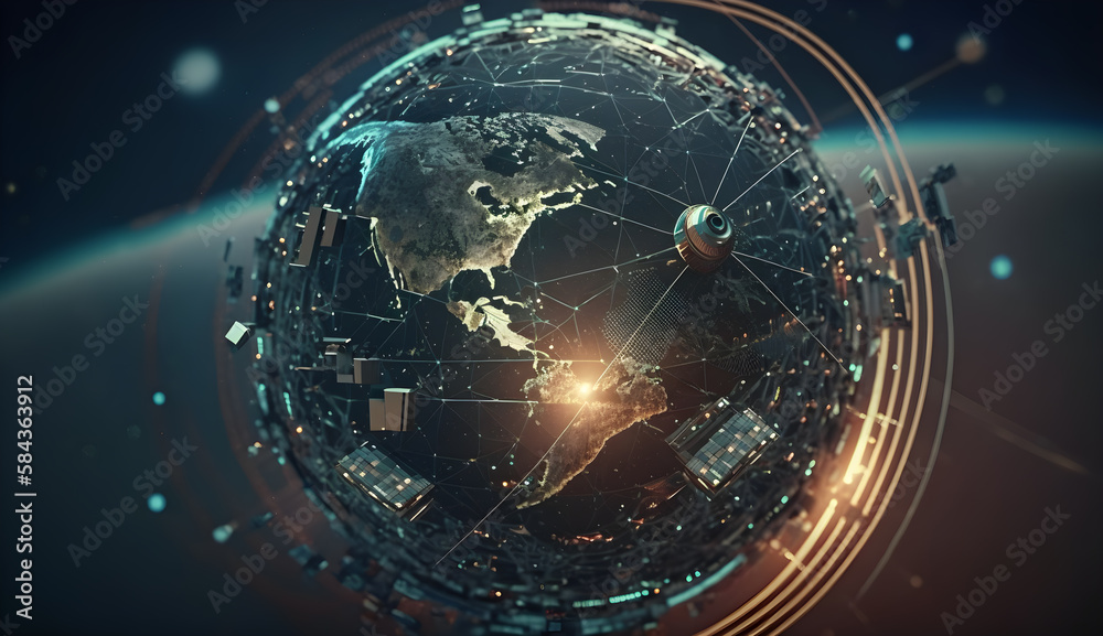 A satellite orbiting the Earth with a network cyberspace background A satellite orbiting the Earth with a network cyberspace background