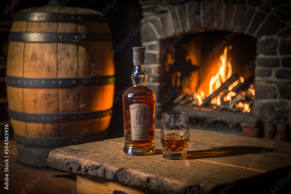 a glass of whisky in the background a blurry bottle and an oak barrel a glass of whisky in the background a blurry bottle and an oak barrel