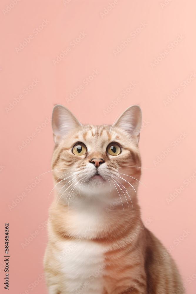 Portrait of serious ginger cat looking at camera on pink background. Generative AI Portrait of serious ginger cat looking at camera on pink background. Generative AI