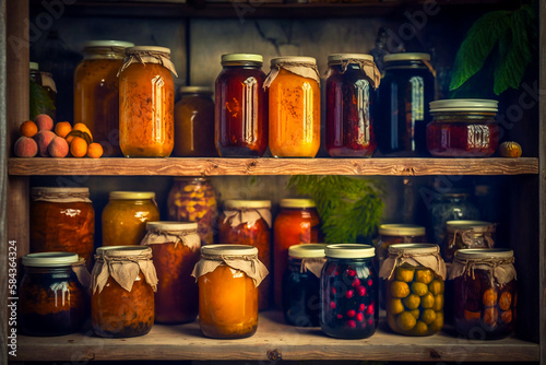 Preserves for winter standing on shelves. AI generativ
