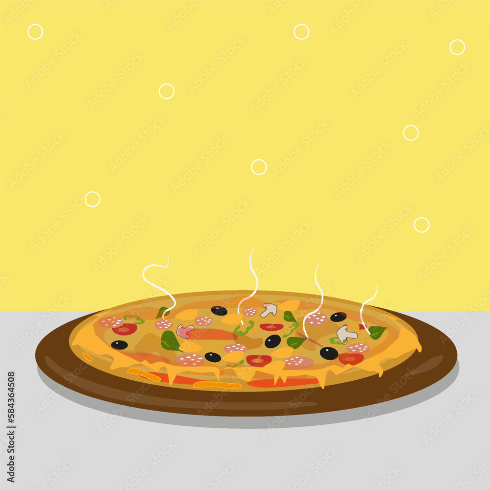 Pizza wich cheese, sausage, olives, pepper. Italian delicios round meal. Traditional italian cuisine. Pizza wich cheese, sausage, olives, pepper. Italian delicios round meal. Traditional italian cuisine.