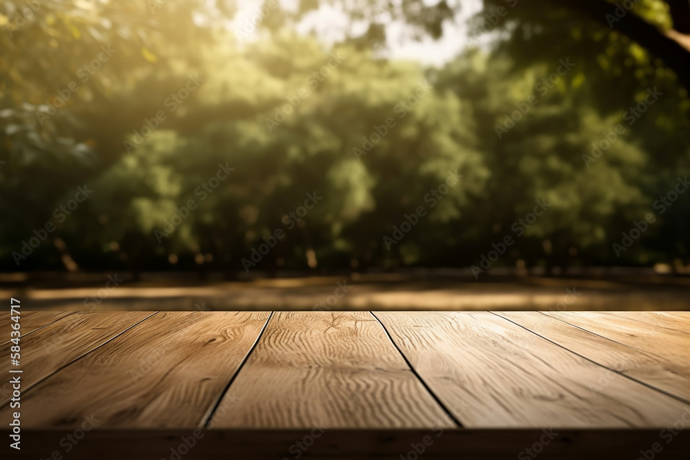 Wooden table for product display in fruit garden, generative AI Wooden table for product display in fruit garden, generative AI