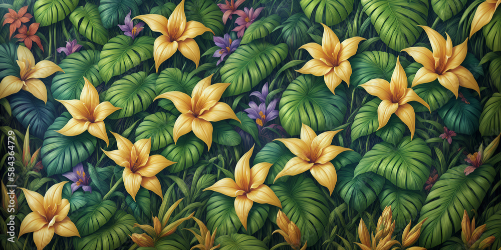 Fototapeta premium Colorful background of many painted exotic tropical flowers of different types, and green palm leaves. Tropical jungle pristine nature illustration. Generative AI