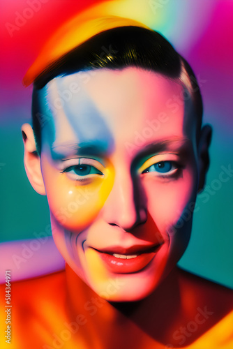 Portrait of a person with a happy expression, using vibrant colors and warm tones.