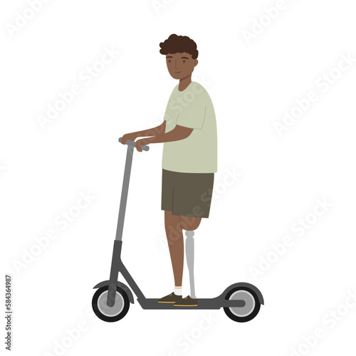 Young man with a prosthetic leg riding electric scooter. Handicapped person