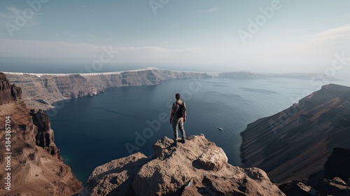 A young teen age hiker is standing on the edge of a cliff enjoying a dramatic overlook of the famous Colorado River. Generative Ai